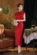 Classic Red Floral Qipao Dress for Women | Mandarin Collar Frog Button Slim Fit Cheongsam with Side Slit for Banquet