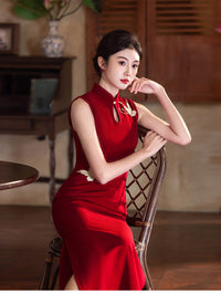 Red Butterfly Embroidered Qipao Gown | Mandarin Collar Slim Fit Dress, Elegant Design