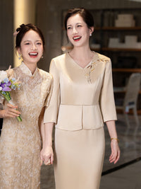 Champagne Mother-of-the-Bride Qipao Set | V-Neck Peplum Top & Midi Skirt