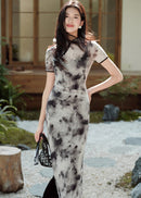 Ink-Wash Modern Qipao Midi | Short Sleeves & Black-Grey