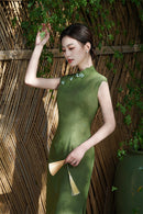 Mint-Green Jacquard Modern Qipao Maxi | Mandarin Neck, Floral Frog Buttons