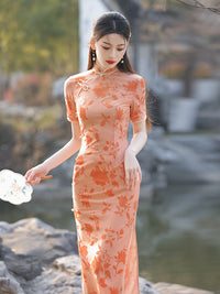 Peach Pink Orange Floral Qipao Dress Slim Fit High Neck Mesh Panel Short Sleeve Side Slit Maxi