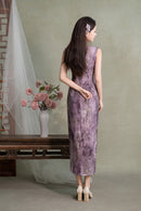Purple Floral Sleeveless Slim Long Qipao Dress | Mandarin Collar Frog Button Bodycon Side Slit Wedding Banquet Party Gown