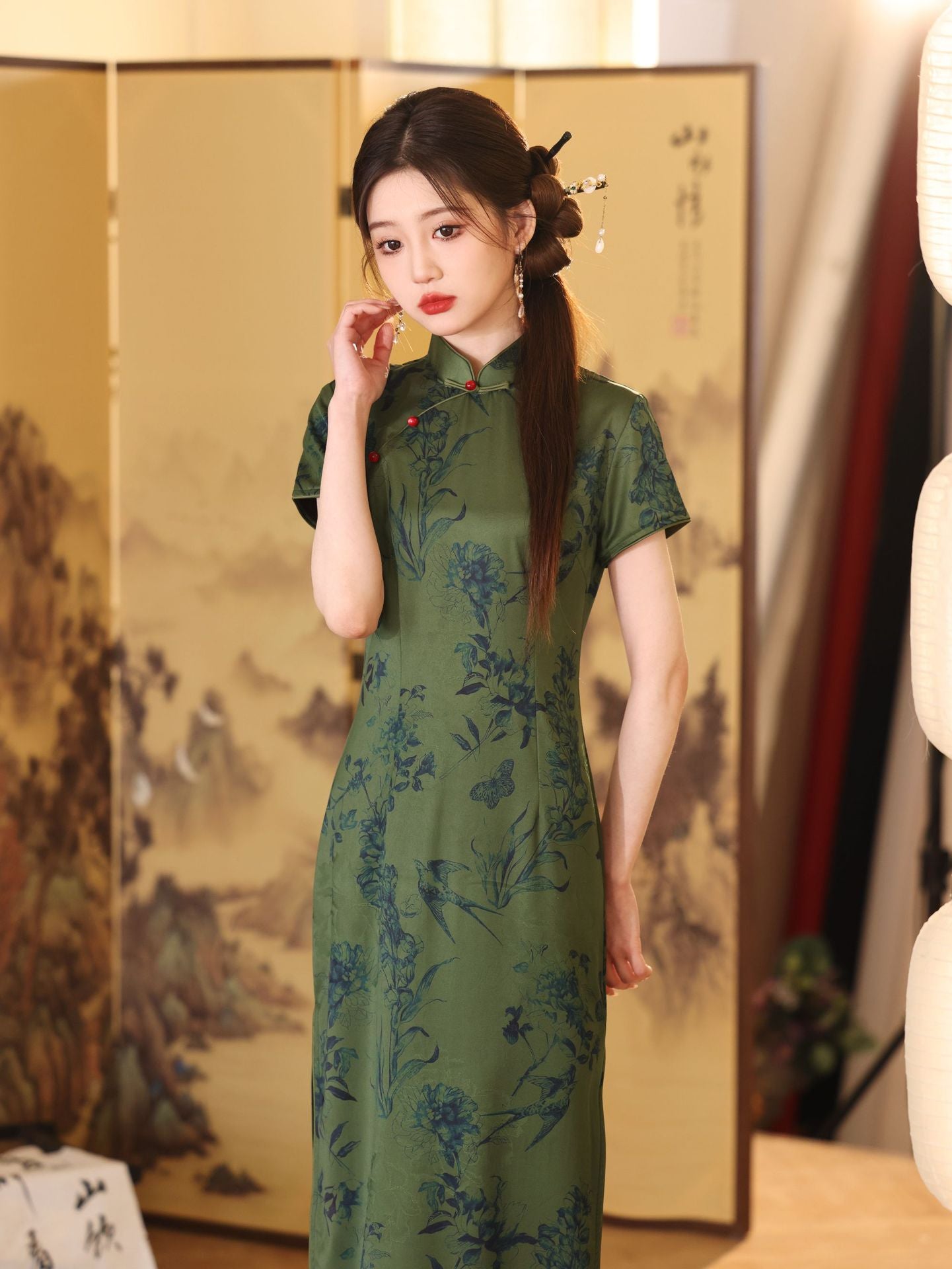 Summer Green Jacquard Qipao | Cap-Sleeve Long Vintage Dress