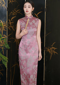 Pink Jacquard Peony Qipao Dress | Sleeveless Mandarin Collar Slim Midi Cheongsam