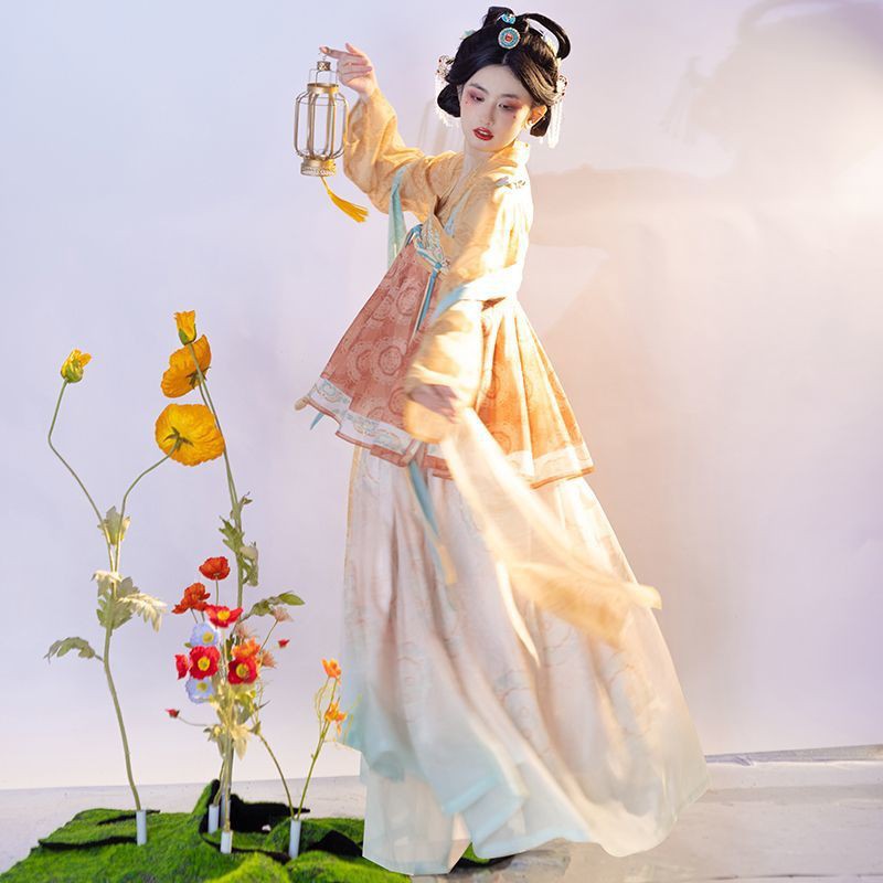Hanfu Elegant Floral Silk Dress with Flowing Sleeves for Women - Traditional Chinese Costume