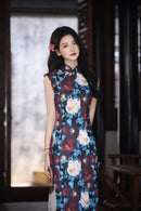 New Chinese Vintage Oil-Paint Floral Qipao Dress Black Base Blue Burgundy