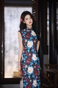 New Chinese Vintage Oil-Paint Floral Qipao Dress Black Base Blue Burgundy