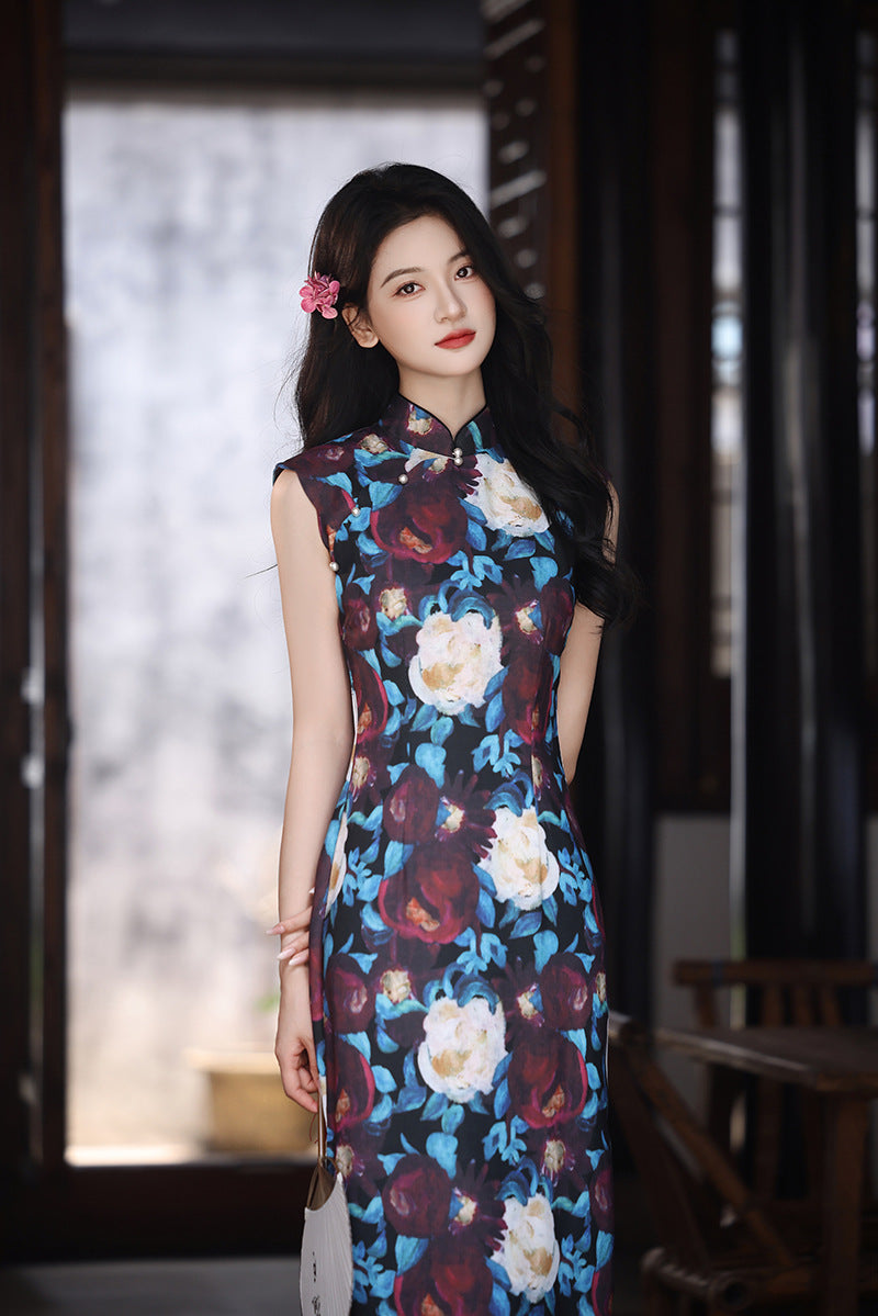 New Chinese Vintage Oil-Paint Floral Qipao Dress Black Base Blue Burgundy