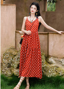 Red Bohemian Printed Cami Dress | V-Neck Spaghetti Straps | Tiered A-Line Maxi for Resort & Beach