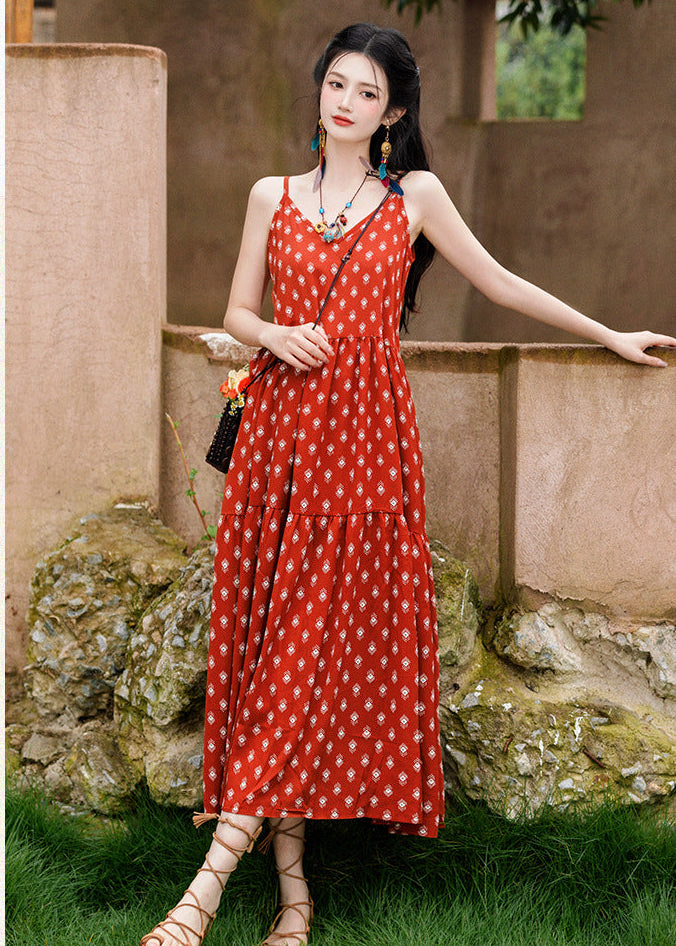 Red Bohemian Printed Cami Dress | V-Neck Spaghetti Straps | Tiered A-Line Maxi for Resort & Beach