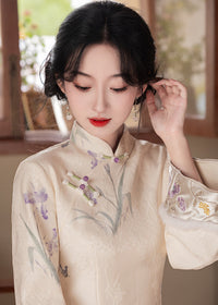 Ivory Vintage Jacquard Qipao with Lantern Sleeves