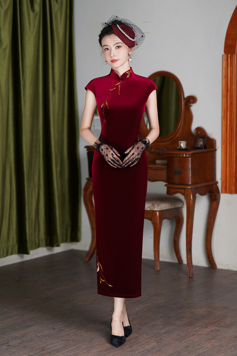 Burgundy Vintage Qipao Dress | Slim Long Silhouette