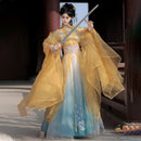 Traditional Hanfu Costume for Women – Elegant Floral Design with Yellow & Green Silk