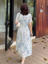 New Chinese Blue-White Jacquard Qipao Dress | Keyhole Mandarin, Short-Sleeve A-line Midi