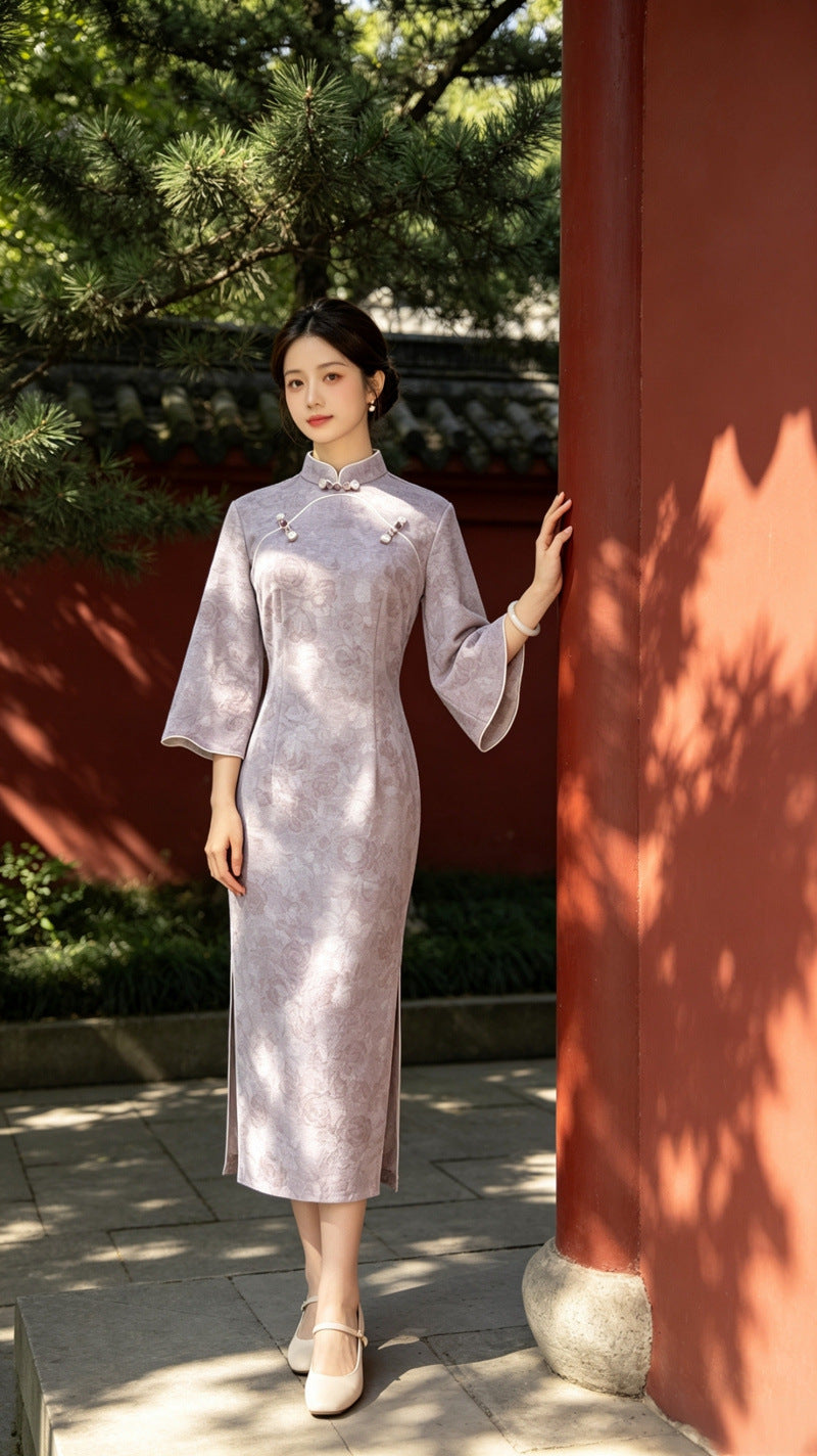 Purple Velvet Petal Sleeve Qipao Dress | Slim Mandarin Maxi