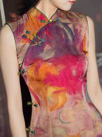 Retro Orange Sleeveless Qipao Dress | Mandarin Collar Slim Midi Cheongsam