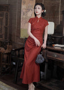 Loose-Fit Red Modern Qipao Dress | Mandarin Collar, Frog Buttons, Side-Slit Elegant Maxi