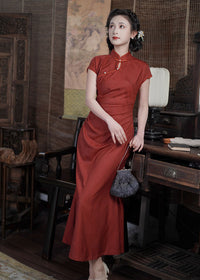 Loose-Fit Red Modern Qipao Dress | Mandarin Collar, Frog Buttons, Side-Slit Elegant Maxi