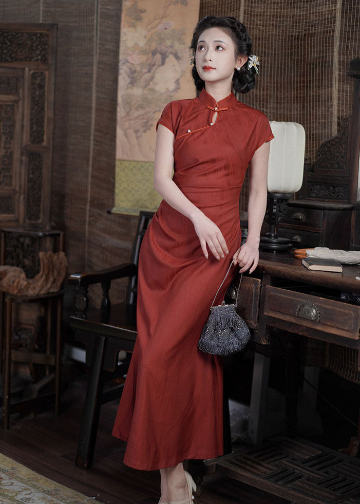 Loose-Fit Red Modern Qipao Dress | Mandarin Collar, Frog Buttons, Side-Slit Elegant Maxi