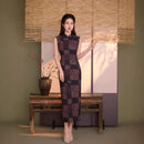 Vintage Purple & Black Checker Jacquard Sleeveless Qipao Dress | Mandarin Collar Slim Midi Cheongsam