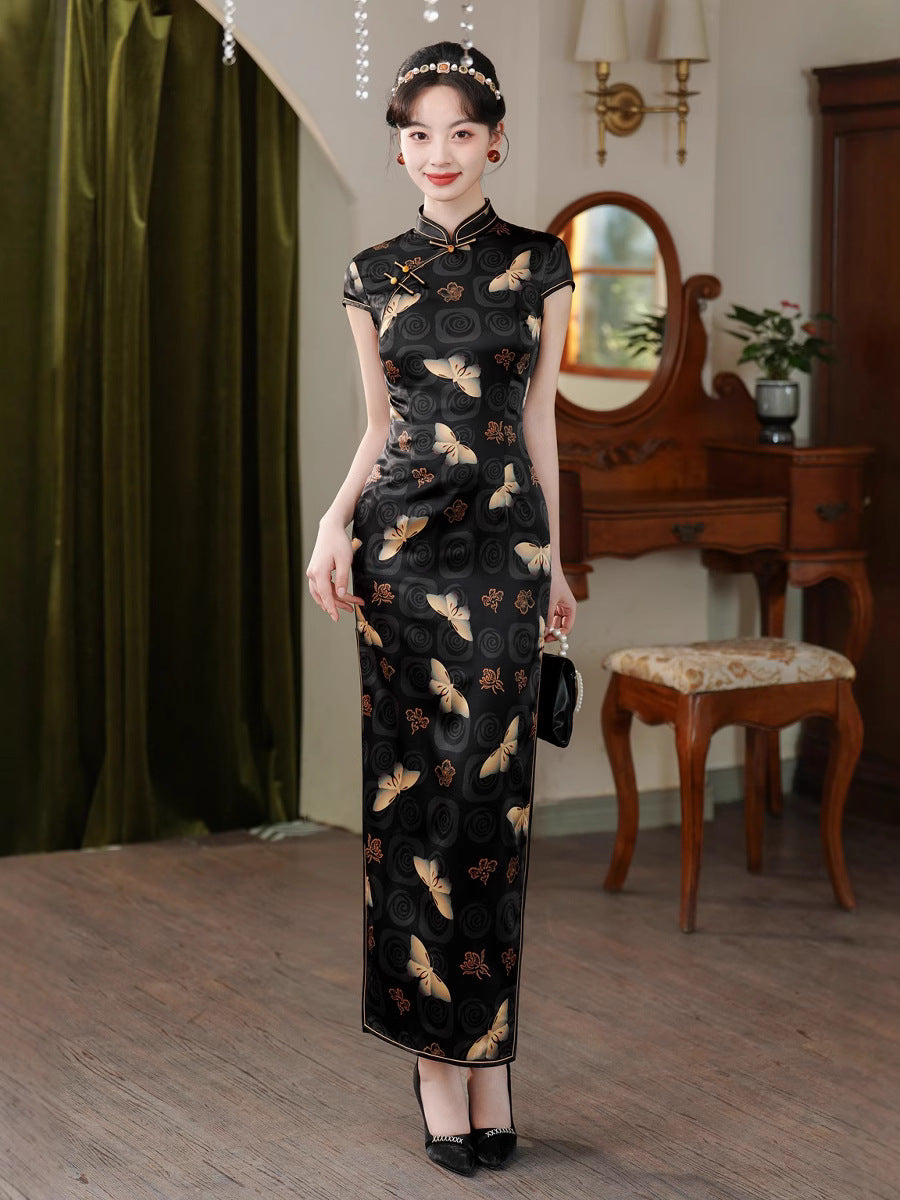 Silk Cheongsam Dress with Floral Butterfly Pattern