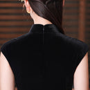 Black Floral-Embroidered Modern Qipao Midi | Mandarin Collar