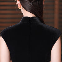 Black Floral-Embroidered Modern Qipao Midi | Mandarin Collar