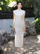 Beige Jacquard New-Chinese Sleeveless Qipao Dress | Sleek Elegant Maxi for Summer