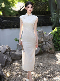 Beige Jacquard New-Chinese Sleeveless Qipao Dress | Sleek Elegant Maxi for Summer