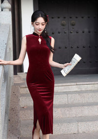 Velvet Sleeveless Qipao Dress | Mandarin Collar Keyhole Slim Cheongsam Midi