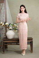 Blush Pink Jacquard Short-Sleeve Long Qipao Dress | New Chinese Mandarin Collar Frog Buttons Slim Side Slit Wedding Banquet Gown