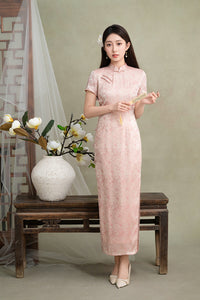 Blush Pink Jacquard Short-Sleeve Long Qipao Dress | New Chinese Mandarin Collar Frog Buttons Slim Side Slit Wedding Banquet Gown
