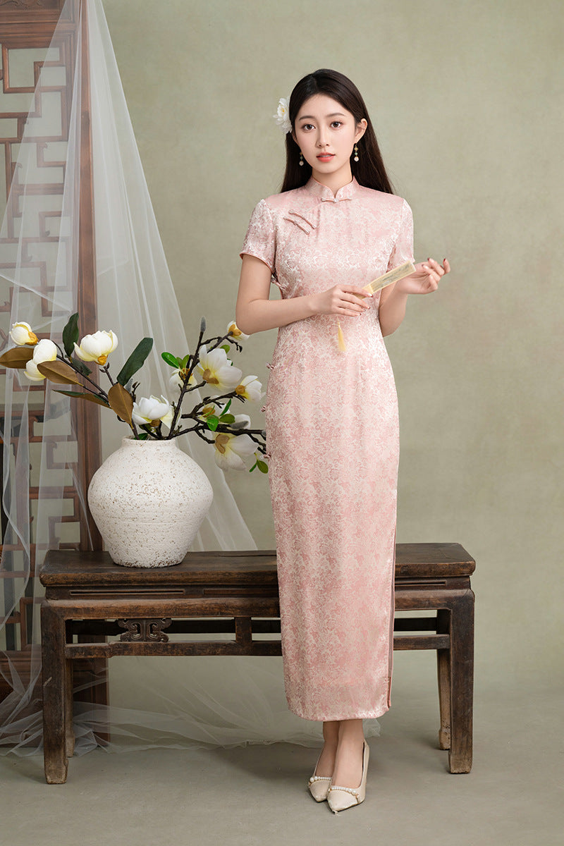 Blush Pink Jacquard Short-Sleeve Long Qipao Dress | New Chinese Mandarin Collar Frog Buttons Slim Side Slit Wedding Banquet Gown