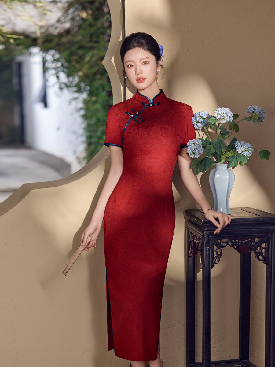 Burgundy Blue-Piping Tonal Jacquard Short Sleeve Qipao Maxi Dress | Mandarin Collar Slit Cheongsam