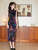 Black Base Purple-Blue Sleeveless Qipao Dress | Mandarin Collar Slim Midi Cheongsam