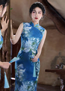 Sleeveless Long Slim Qipao Dress | Summer Ink-Style Floral