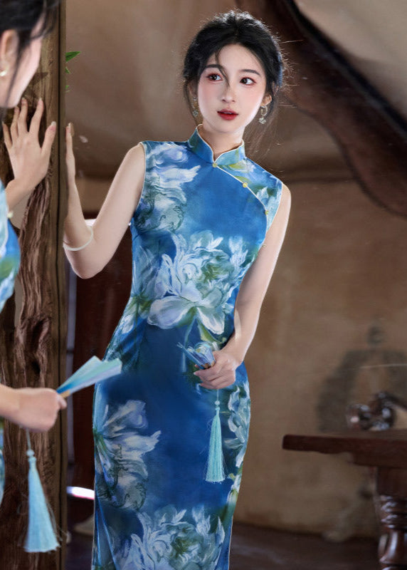 Sleeveless Long Slim Qipao Dress | Summer Ink-Style Floral