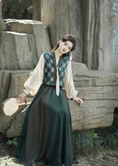 Spring Tang-Style Blouse & Eight-Panel Skirt Set | Deep-Green Patchwork Vest, Lantern Sleeves, High-Waist Flowing Maxi