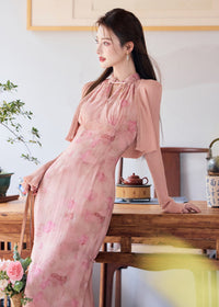 Chinese Style Pink Gradient Halter Cold-Shoulder Qipao Dress