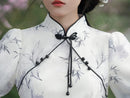 Light Bamboo Leaf Floral Qipao Dress for Women | Mandarin Collar Frog Button Slim Fit with Ruffle Detail