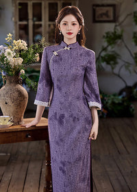 Purple Vintage Jacquard Qipao | Slim Mandarin Maxi