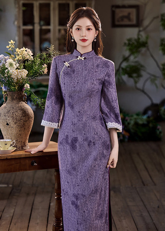 Purple Vintage Jacquard Qipao | Slim Mandarin Maxi
