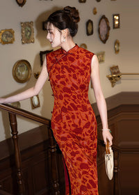 Sleeveless Red Long Qipao | Modern Mandarin Slim Jacquard Gown