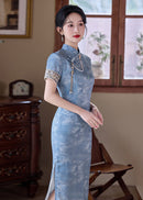 Mist-Blue Vintage Jacquard Qipao | Slim Mandarin Maxi