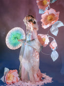 Elegant Hanfu Dress with Floral Embroidery, Soft Pastel Colors