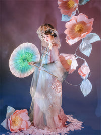 Elegant Hanfu Dress with Floral Embroidery, Soft Pastel Colors