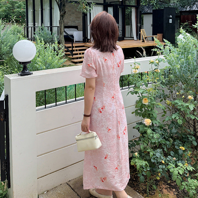 Pink Koi Print New Chinese Style Qipao Dress Plus Size Blush Colour | Mandarin Collar Frog Buttons Side Slit Long Cheongsam