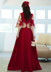 Plus-Size Burgundy Xiuhe Toast Dress | Gold Embroidered Mandarin Collar