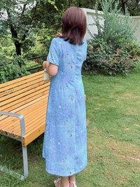 Plus Size Blue Floral Qipao Dress | Summer Breathable Jacquard